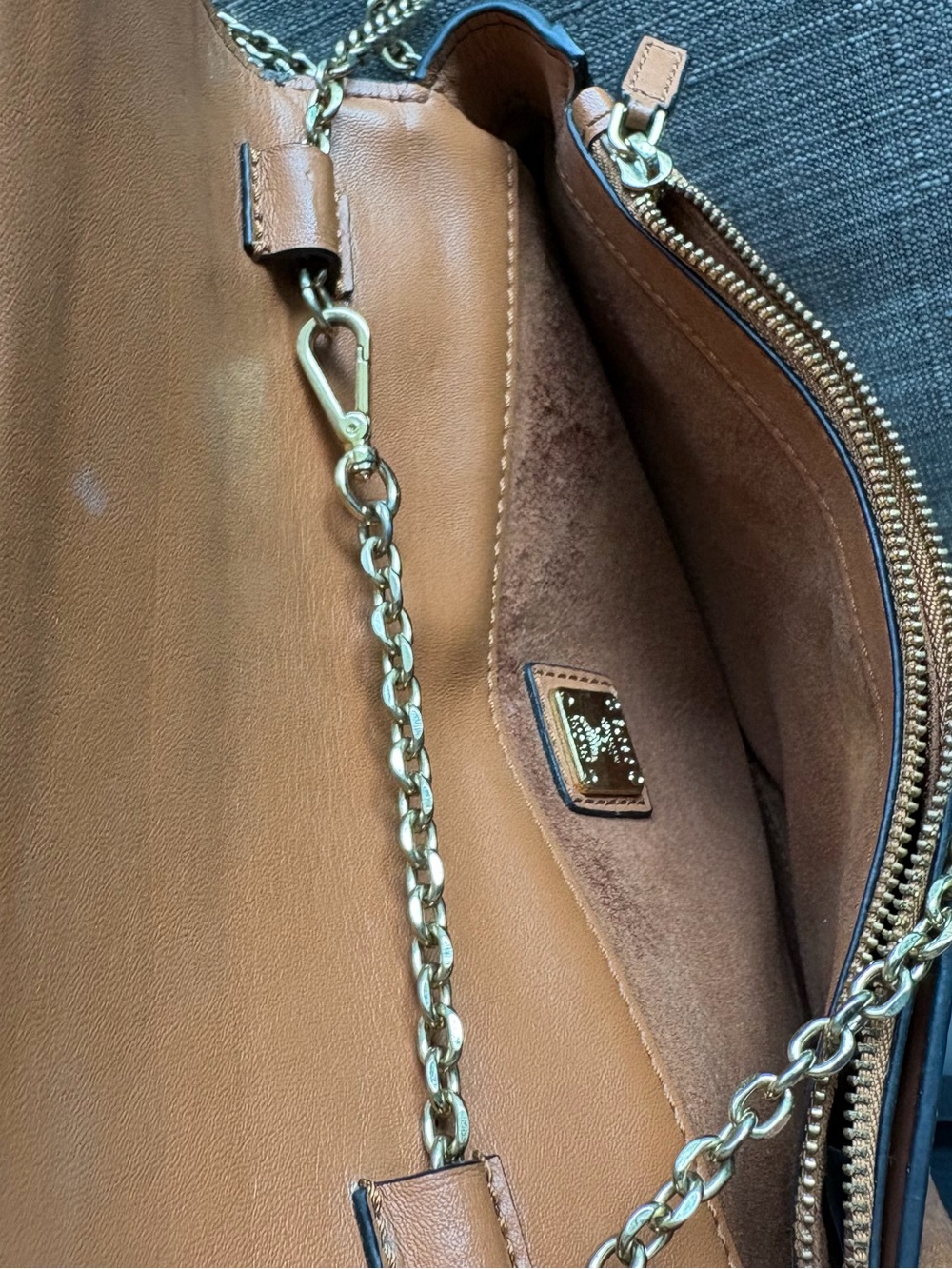 MCM Cognac Visetos Leather Shoulder Bag with Gold Chain - Picture 7 of 15
